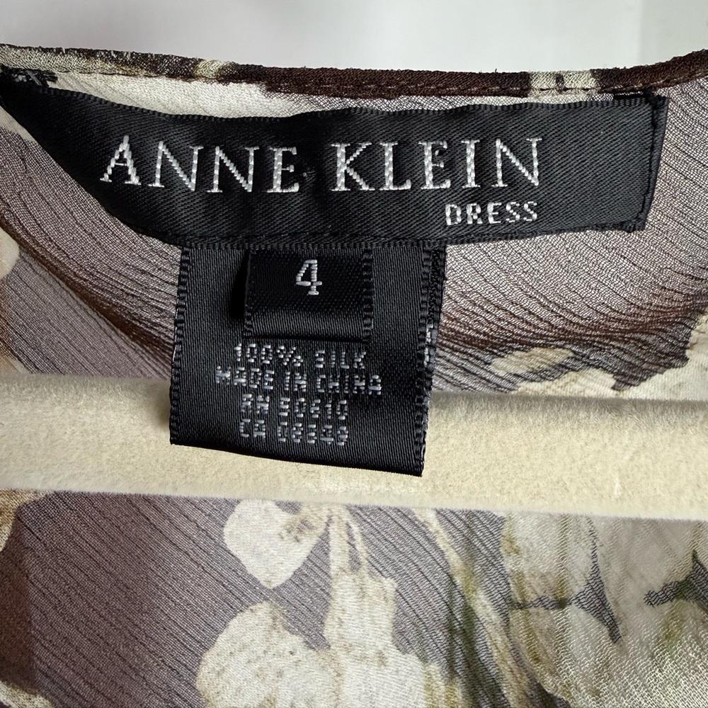 Anne Klein 100% Silk Floral Dress Sleeveless Brown Cream Wrap Waist Midi Dress - Picture 8 of 9